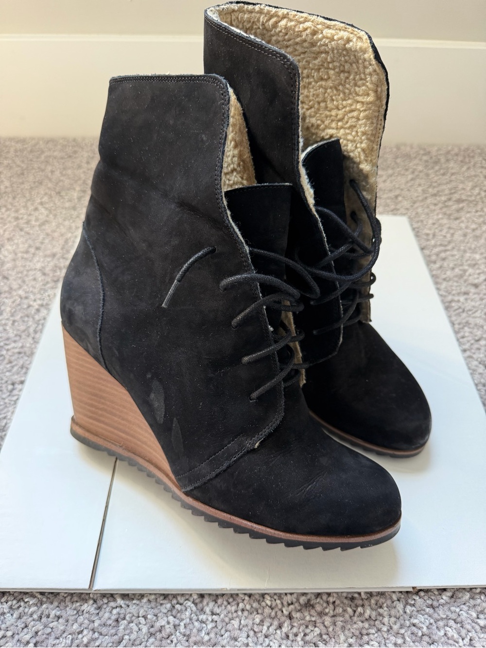 Women’s Black Suede Wedge Ankle Boots with Shearling Lining